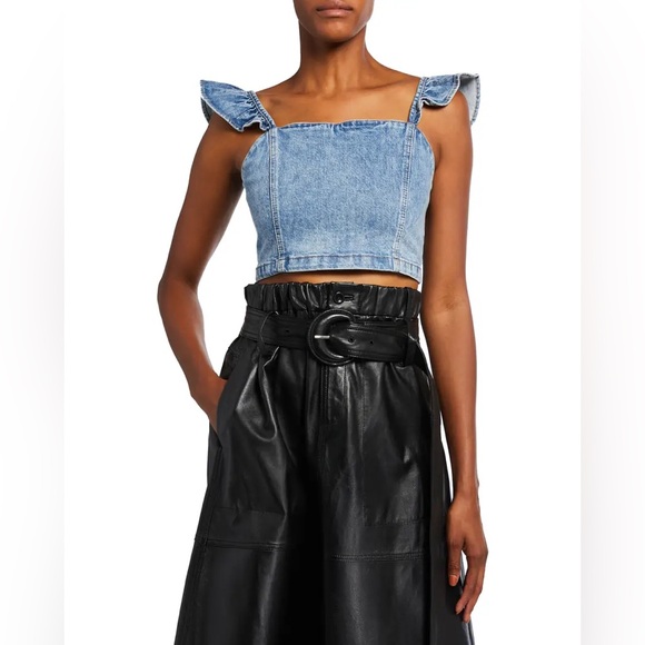 Alice + Olivia Kiley Denim Flutter Sleeve Crop Top - Picture 4 of 5